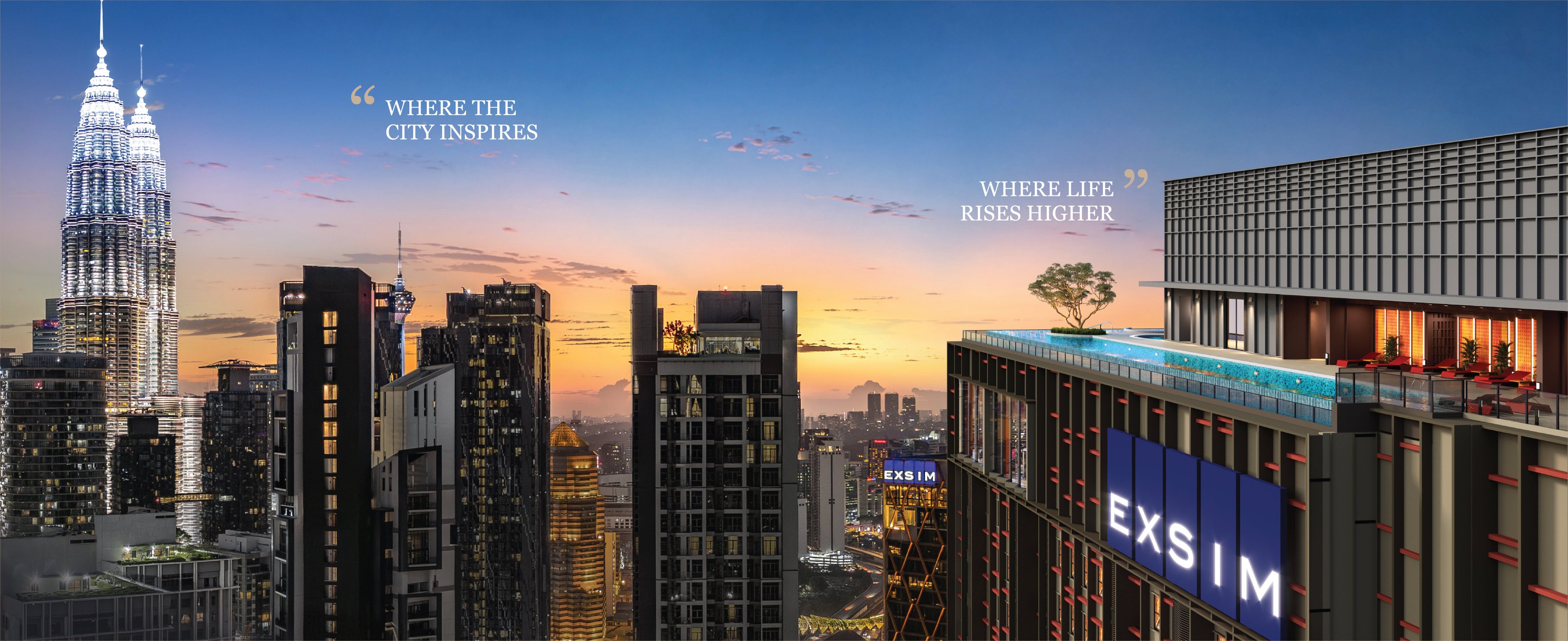 Artist's impression of Phoeniz Suites' rooftop infinity pool facing the PETRONAS Twin Towers at dusk
